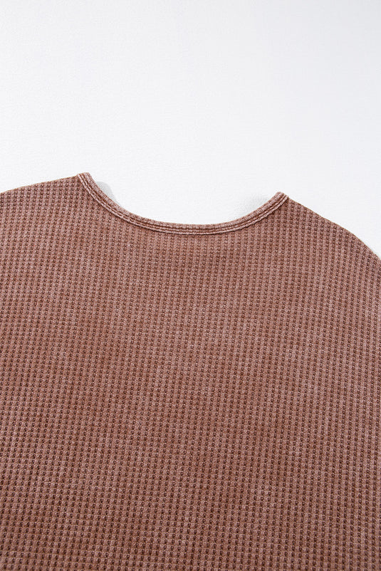 DLLS32 - Coffee Waffle Knit Fringed High Low Loose Top