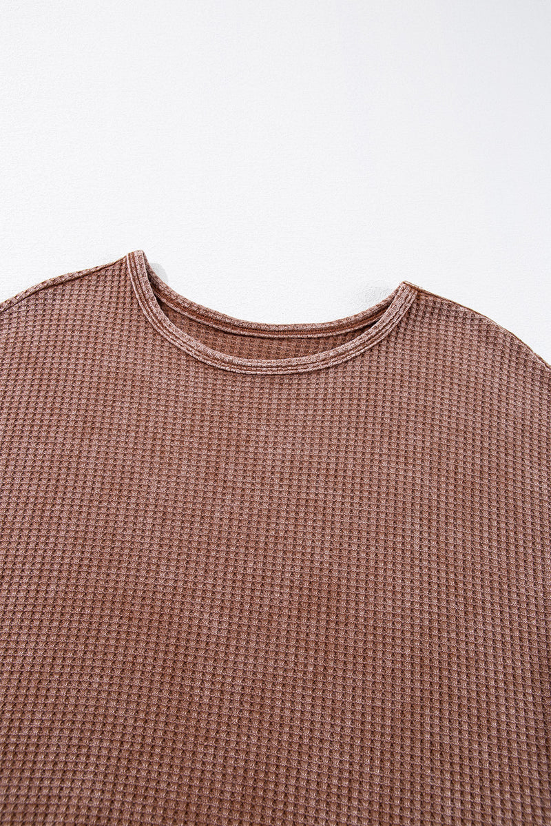 Load image into Gallery viewer, DLLS32 - Coffee Waffle Knit Fringed High Low Loose Top
