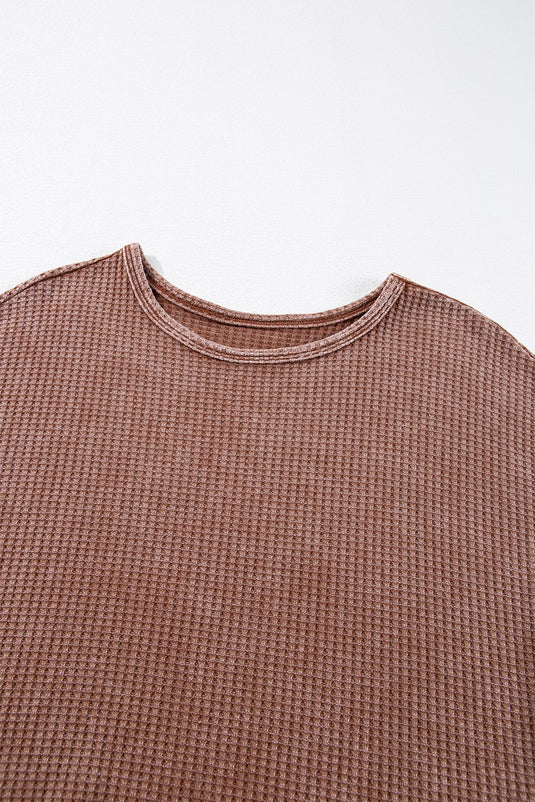 DLLS32 - Coffee Waffle Knit Fringed High Low Loose Top