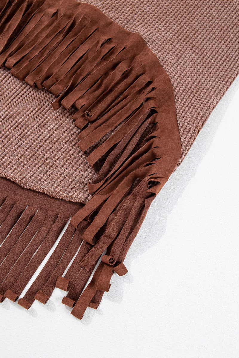 Load image into Gallery viewer, DLLS32 - Coffee Waffle Knit Fringed High Low Loose Top
