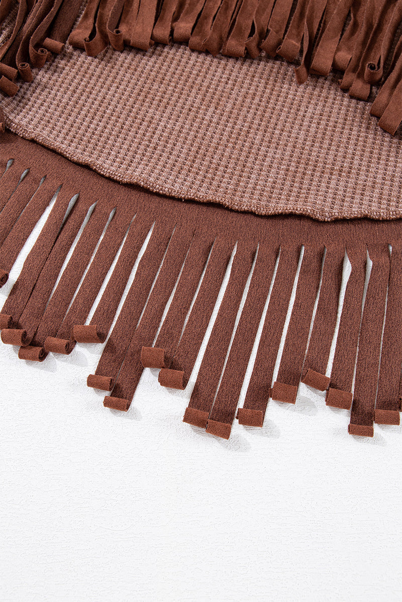 Load image into Gallery viewer, DLLS32 - Coffee Waffle Knit Fringed High Low Loose Top
