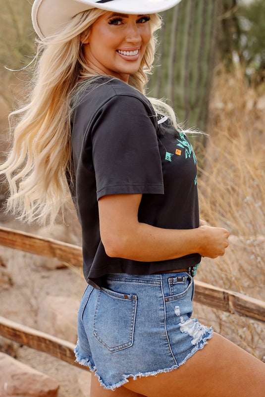 DLLS93 - Carbon Grey Vintage Western Bull Head Skull Turquoise Aztec Graphic T Shirt