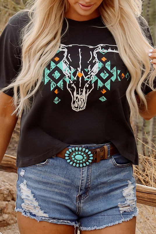 DLLS93 - Carbon Grey Vintage Western Bull Head Skull Turquoise Aztec Graphic T Shirt