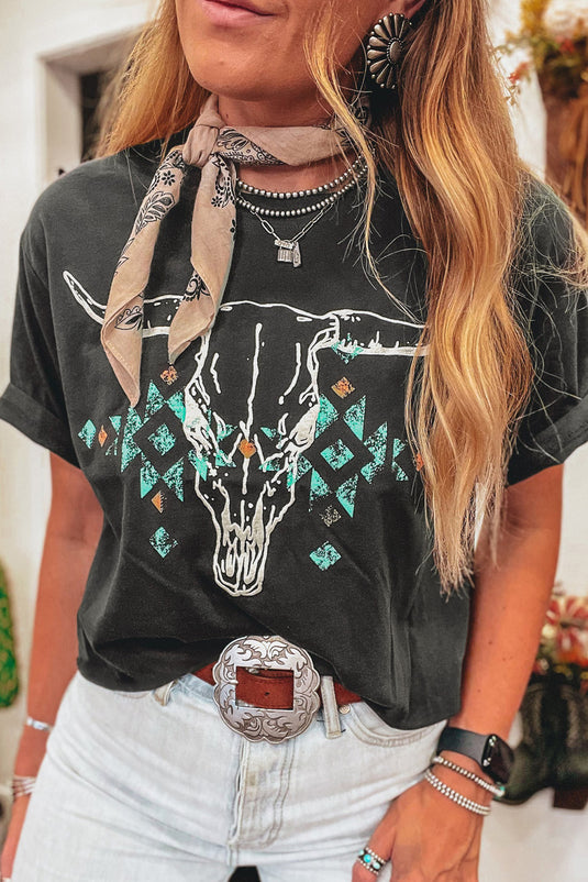 DLLS93 - Carbon Grey Vintage Western Bull Head Skull Turquoise Aztec Graphic T Shirt