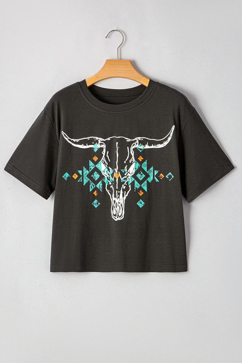 Load image into Gallery viewer, DLLS93 - Carbon Grey Vintage Western Bull Head Skull Turquoise Aztec Graphic T Shirt
