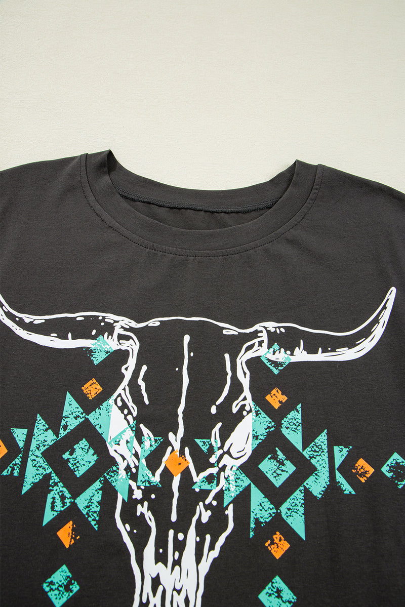 Load image into Gallery viewer, DLLS93 - Carbon Grey Vintage Western Bull Head Skull Turquoise Aztec Graphic T Shirt
