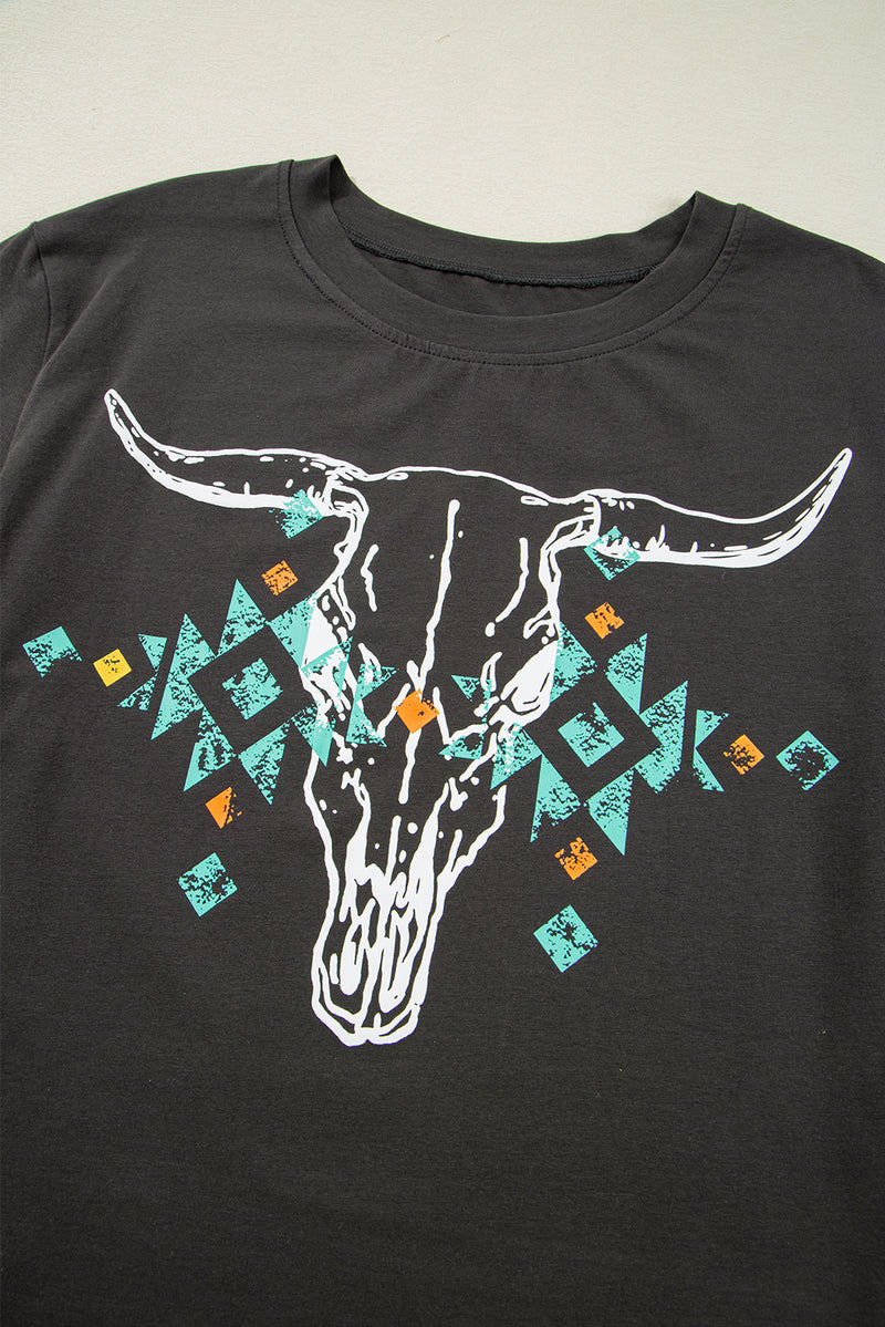 Load image into Gallery viewer, DLLS93 - Carbon Grey Vintage Western Bull Head Skull Turquoise Aztec Graphic T Shirt
