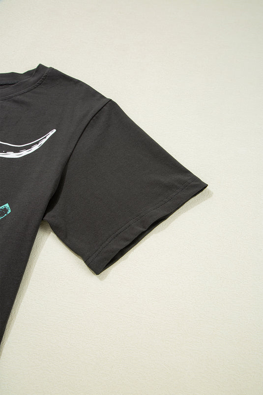 DLLS93 - Carbon Grey Vintage Western Bull Head Skull Turquoise Aztec Graphic T Shirt