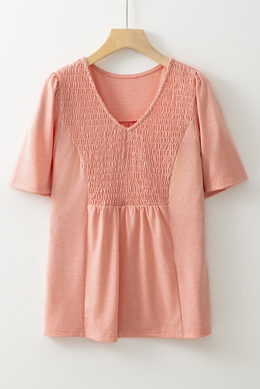 DLLS21 - Fuchsia Smocked Front V Neck Pleated Babydoll Short Sleeve