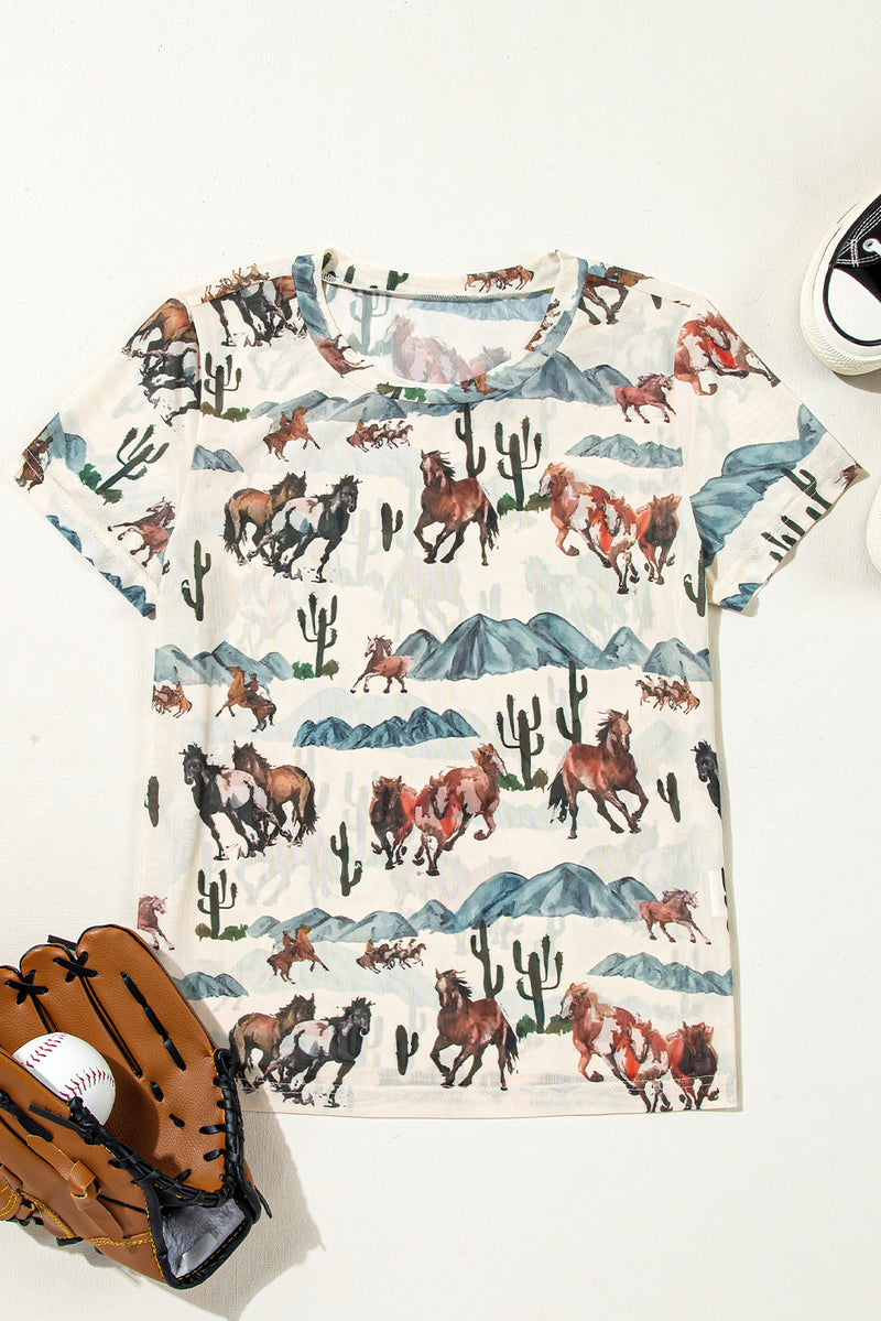 Load image into Gallery viewer, DLLS75 - Beige Western Fashion Mustang River Printed Mesh T Shirt
