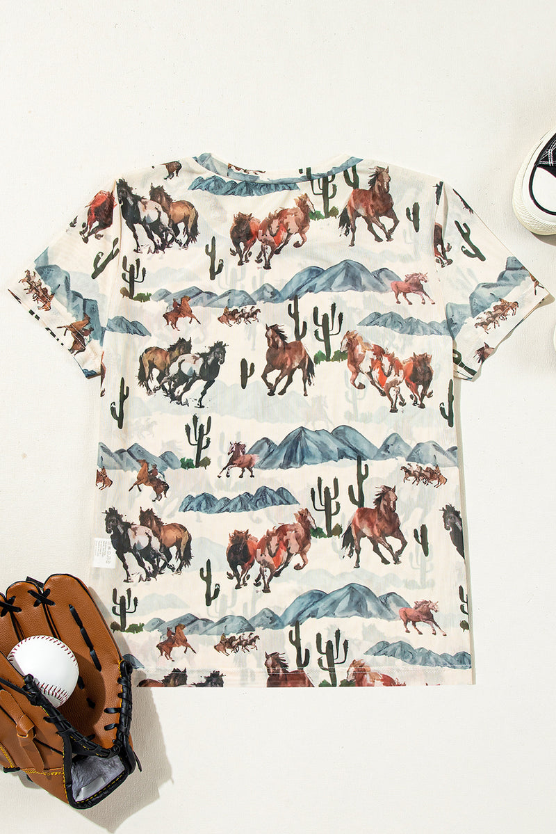 Load image into Gallery viewer, DLLS75 - Beige Western Fashion Mustang River Printed Mesh T Shirt
