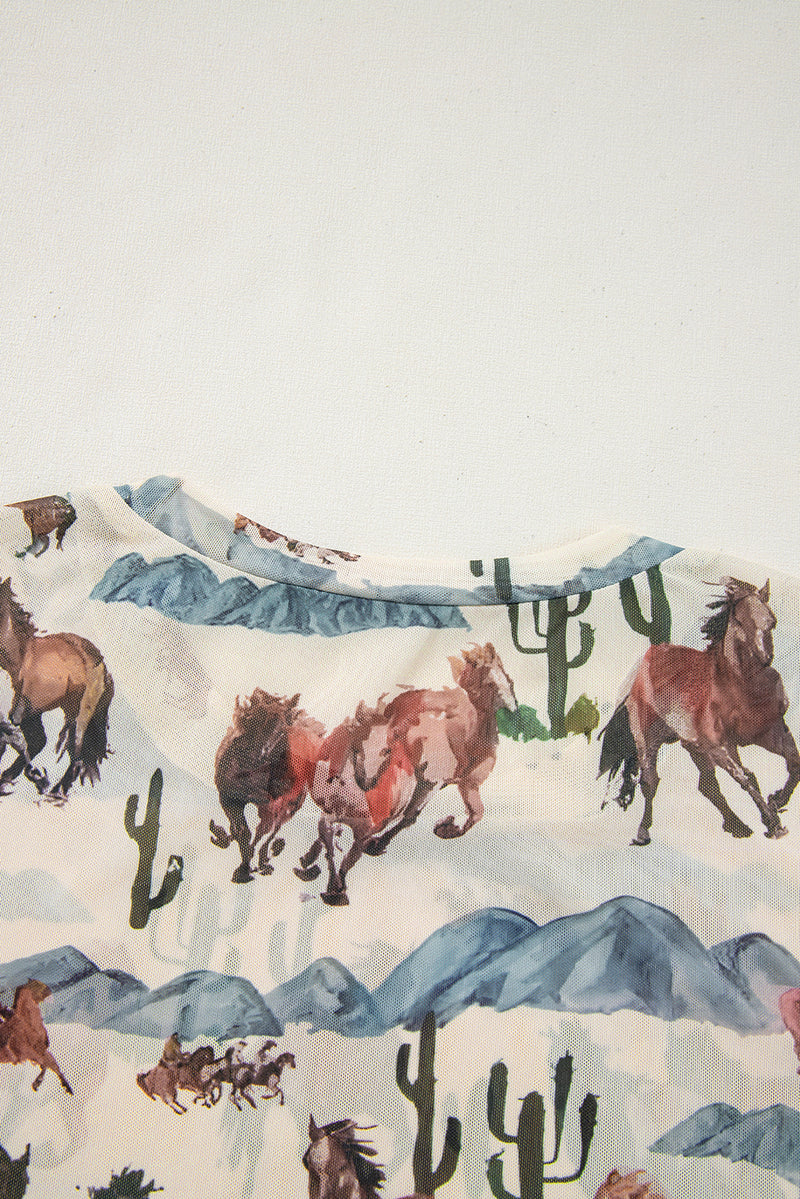 Load image into Gallery viewer, DLLS75 - Beige Western Fashion Mustang River Printed Mesh T Shirt
