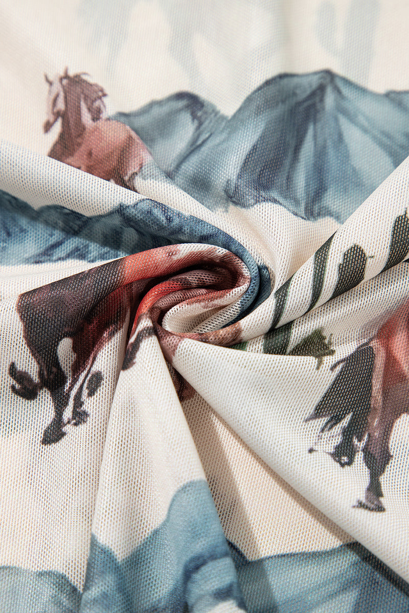 Load image into Gallery viewer, DLLS75 - Beige Western Fashion Mustang River Printed Mesh T Shirt
