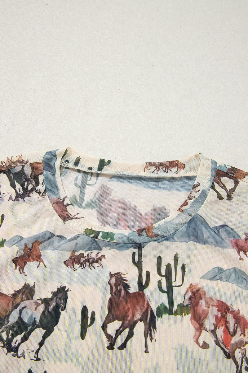 Load image into Gallery viewer, DLLS75 - Beige Western Fashion Mustang River Printed Mesh T Shirt
