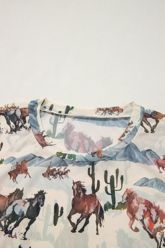 DLLS75 - Beige Western Fashion Mustang River Printed Mesh T Shirt