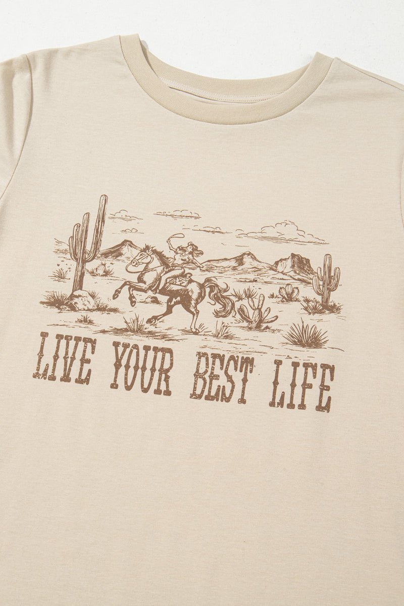 Load image into Gallery viewer, DLLS74 - Beige LIVE YOUR BEST LIFE Crew Neck Western Graphic Tee
