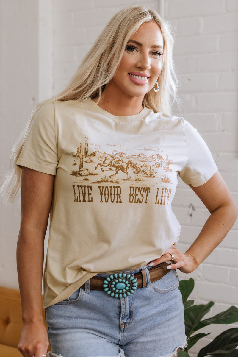 Load image into Gallery viewer, DLLS74 - Beige LIVE YOUR BEST LIFE Crew Neck Western Graphic Tee
