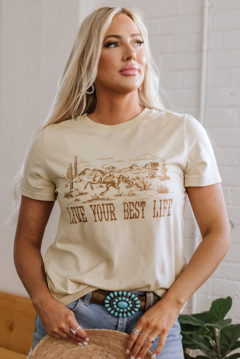 Load image into Gallery viewer, DLLS74 - Beige LIVE YOUR BEST LIFE Crew Neck Western Graphic Tee
