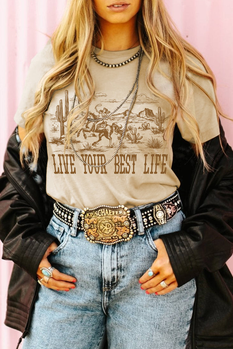 Load image into Gallery viewer, DLLS74 - Beige LIVE YOUR BEST LIFE Crew Neck Western Graphic Tee
