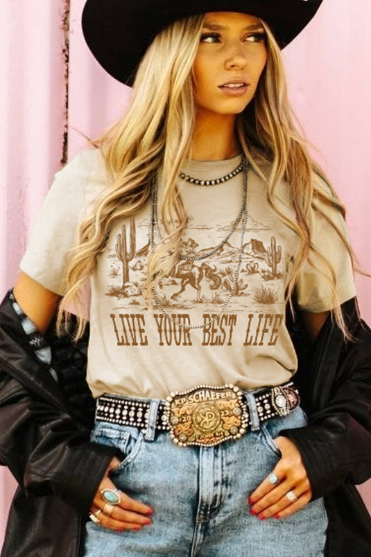 DLLS74 - Beige LIVE YOUR BEST LIFE Crew Neck Western Graphic Tee