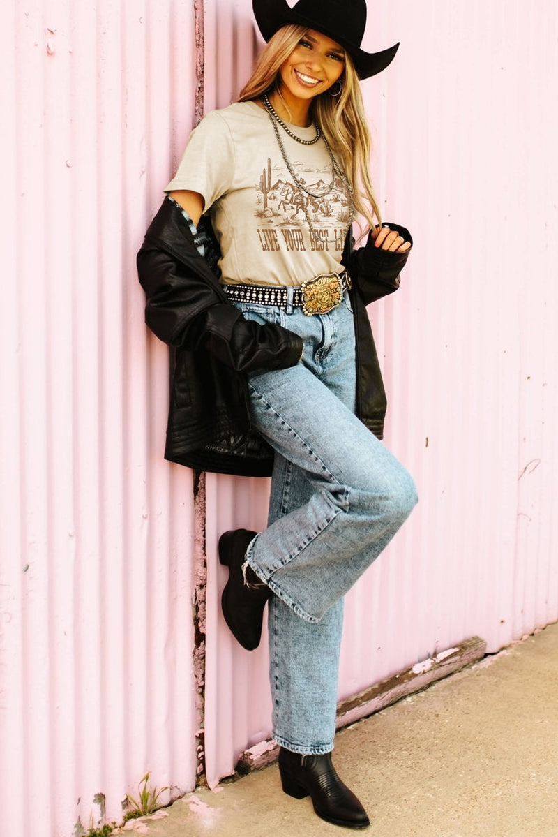 Load image into Gallery viewer, DLLS74 - Beige LIVE YOUR BEST LIFE Crew Neck Western Graphic Tee
