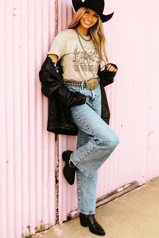DLLS74 - Beige LIVE YOUR BEST LIFE Crew Neck Western Graphic Tee