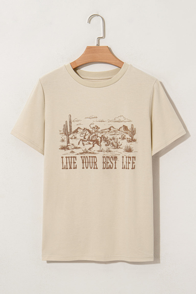 Load image into Gallery viewer, DLLS74 - Beige LIVE YOUR BEST LIFE Crew Neck Western Graphic Tee
