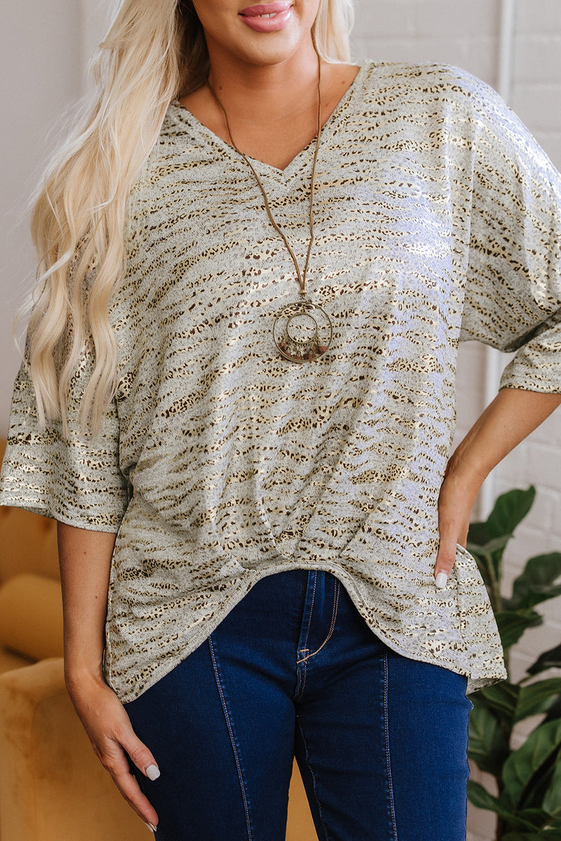 Load image into Gallery viewer, DLLS73 - Gray Leopard Print Half Sleeve V Neck Loose Fit T Shirt
