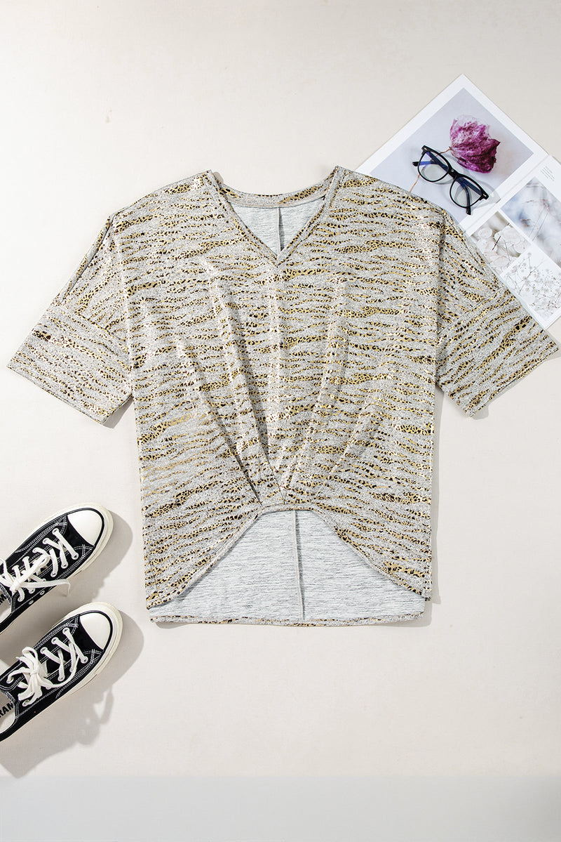 Load image into Gallery viewer, DLLS73 - Gray Leopard Print Half Sleeve V Neck Loose Fit T Shirt
