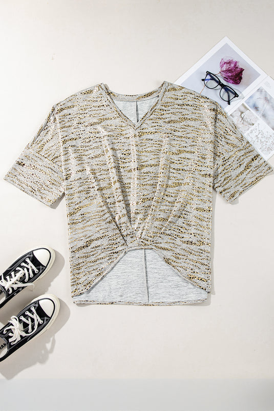 DLLS73 - Gray Leopard Print Half Sleeve V Neck Loose Fit T Shirt