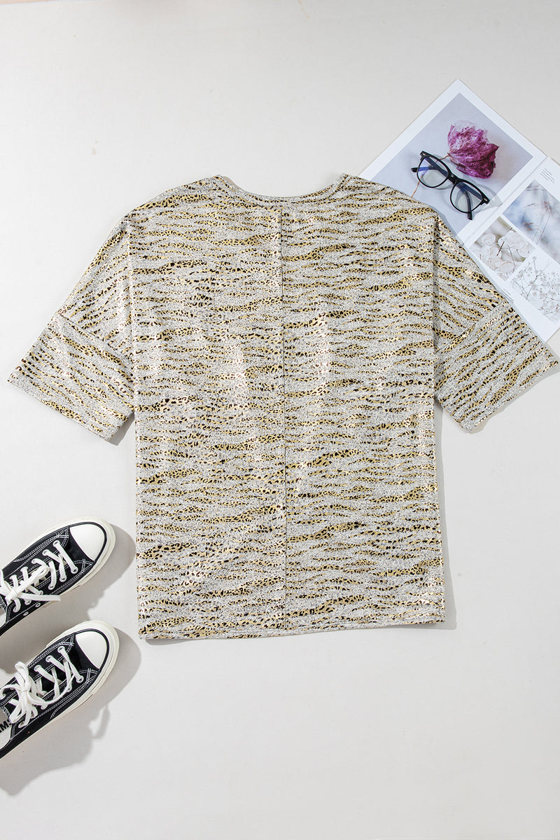 Load image into Gallery viewer, DLLS73 - Gray Leopard Print Half Sleeve V Neck Loose Fit T Shirt
