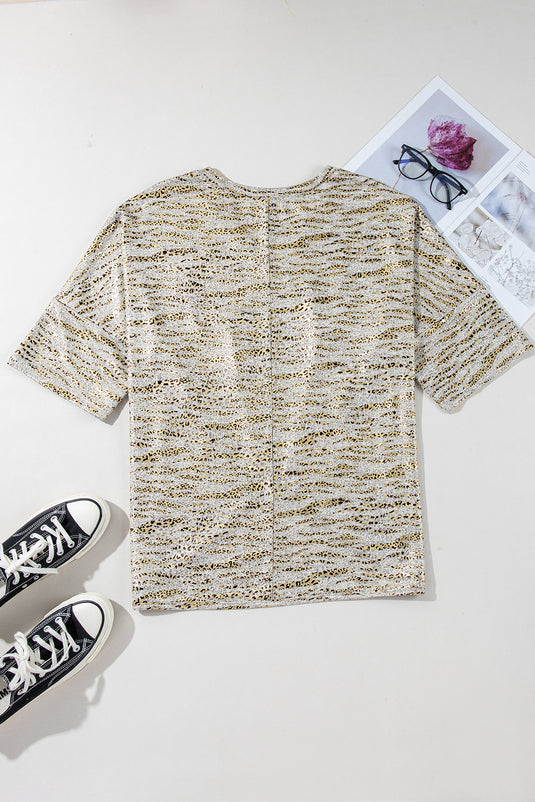 DLLS73 - Gray Leopard Print Half Sleeve V Neck Loose Fit T Shirt