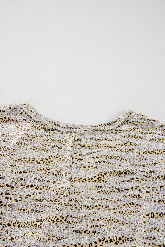 DLLS73 - Gray Leopard Print Half Sleeve V Neck Loose Fit T Shirt