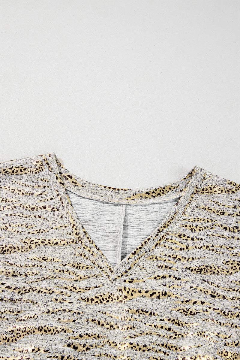 Load image into Gallery viewer, DLLS73 - Gray Leopard Print Half Sleeve V Neck Loose Fit T Shirt
