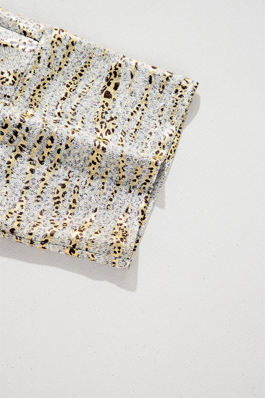 DLLS73 - Gray Leopard Print Half Sleeve V Neck Loose Fit T Shirt