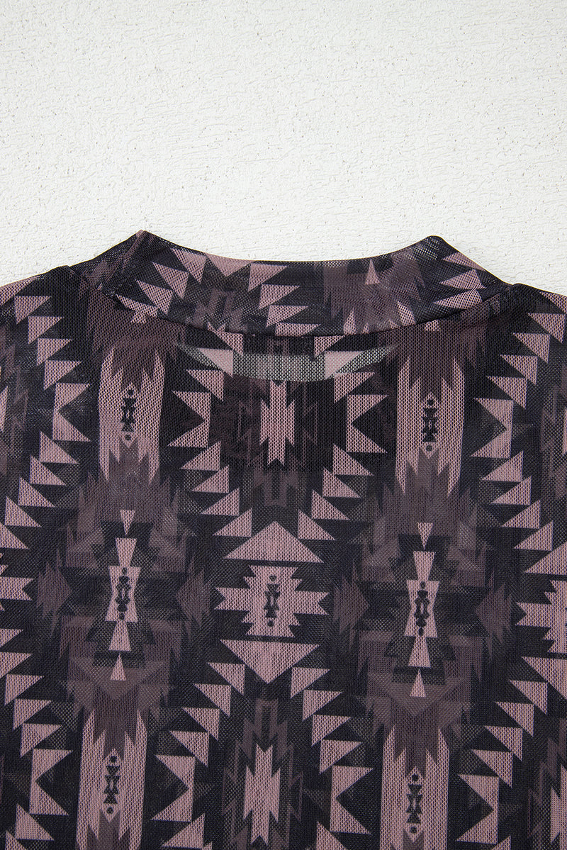 Load image into Gallery viewer, DLLS72 - Brown Aztec Print Mock Neck Short Sleeve Mesh T Shirt
