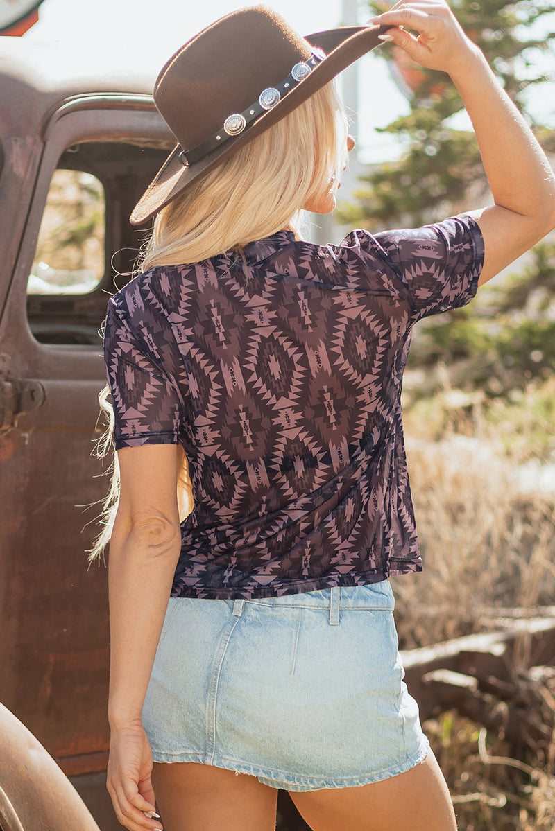 Load image into Gallery viewer, DLLS72 - Brown Aztec Print Mock Neck Short Sleeve Mesh T Shirt
