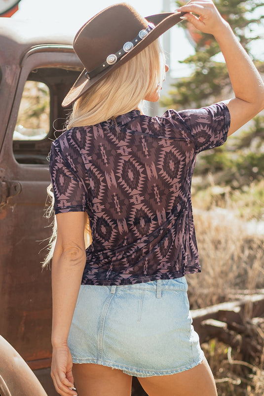 DLLS72 - Brown Aztec Print Mock Neck Short Sleeve Mesh T Shirt
