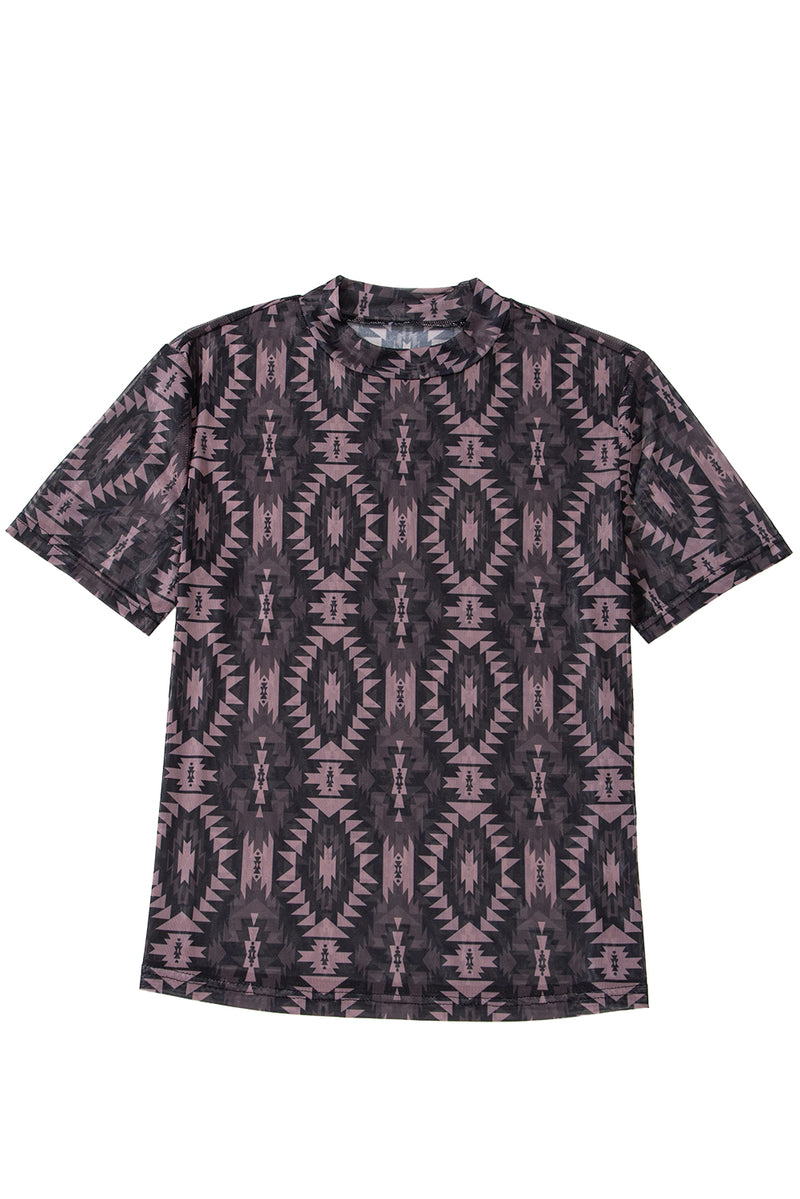 Load image into Gallery viewer, DLLS72 - Brown Aztec Print Mock Neck Short Sleeve Mesh T Shirt
