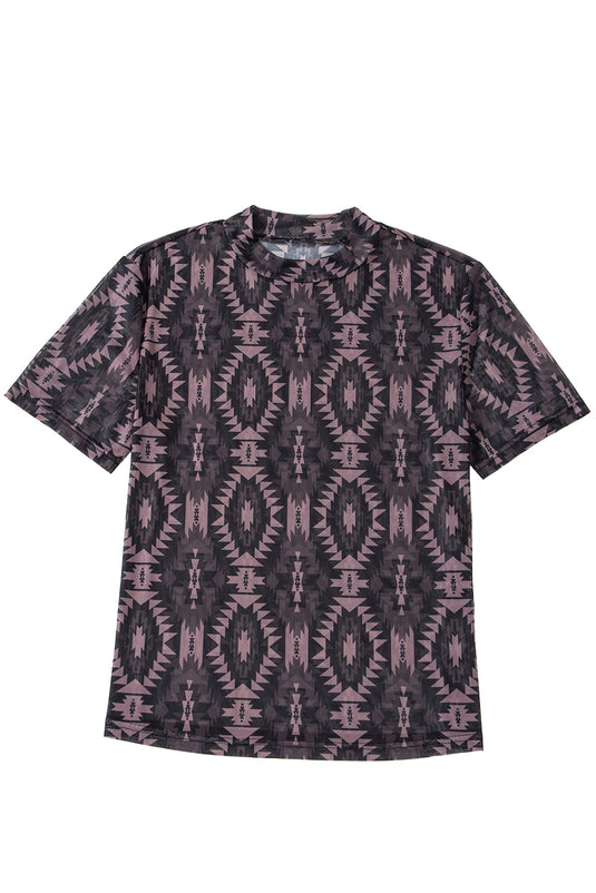 DLLS72 - Brown Aztec Print Mock Neck Short Sleeve Mesh T Shirt