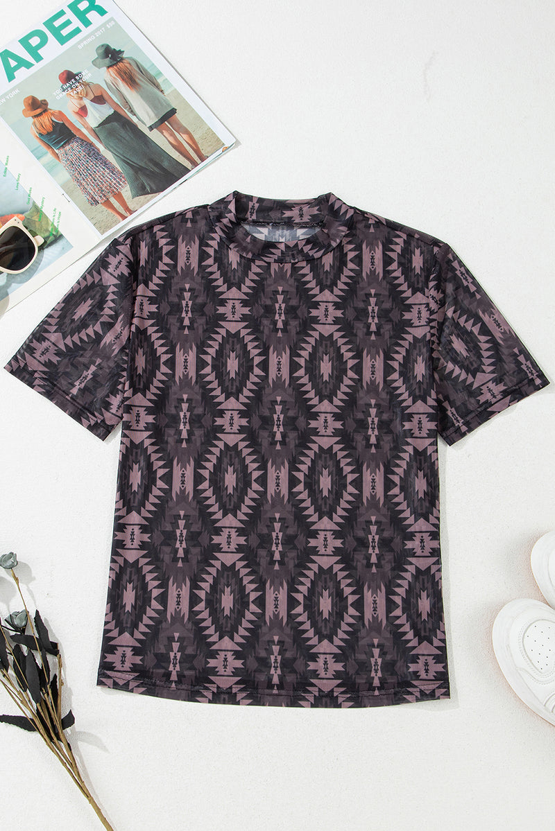 Load image into Gallery viewer, DLLS72 - Brown Aztec Print Mock Neck Short Sleeve Mesh T Shirt
