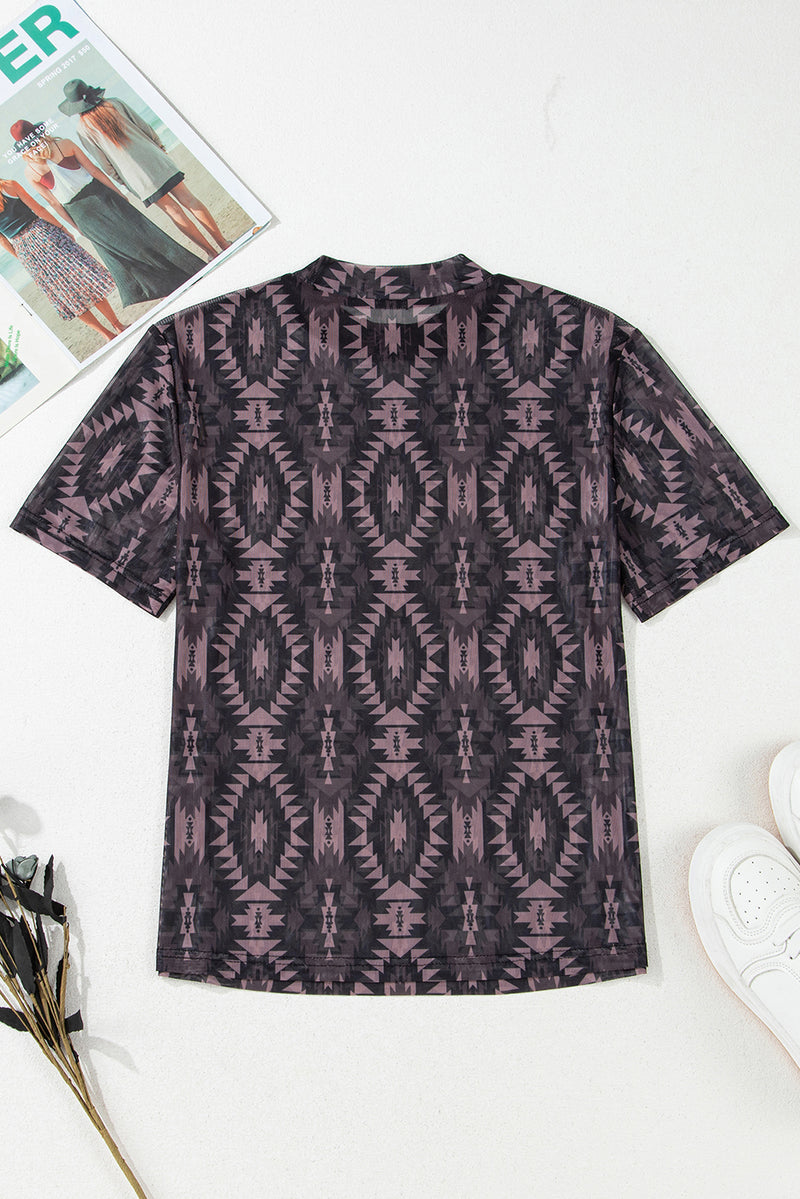 Load image into Gallery viewer, DLLS72 - Brown Aztec Print Mock Neck Short Sleeve Mesh T Shirt
