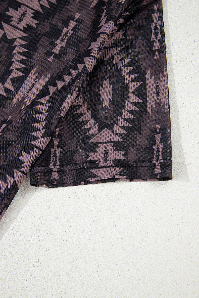 Load image into Gallery viewer, DLLS72 - Brown Aztec Print Mock Neck Short Sleeve Mesh T Shirt
