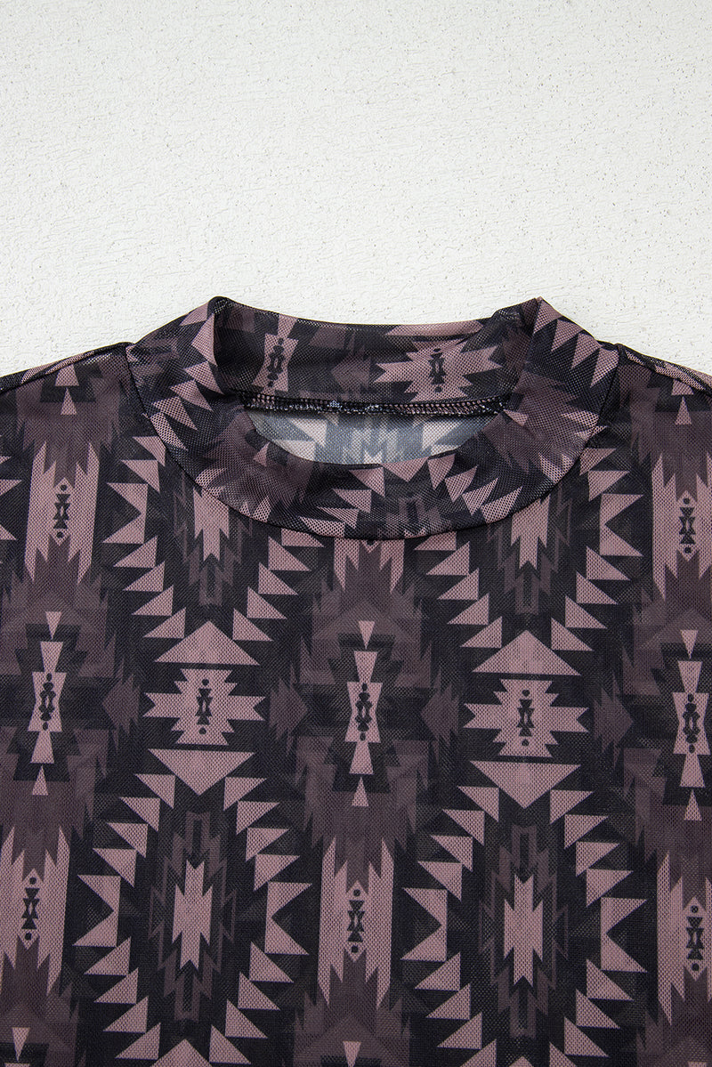 Load image into Gallery viewer, DLLS72 - Brown Aztec Print Mock Neck Short Sleeve Mesh T Shirt
