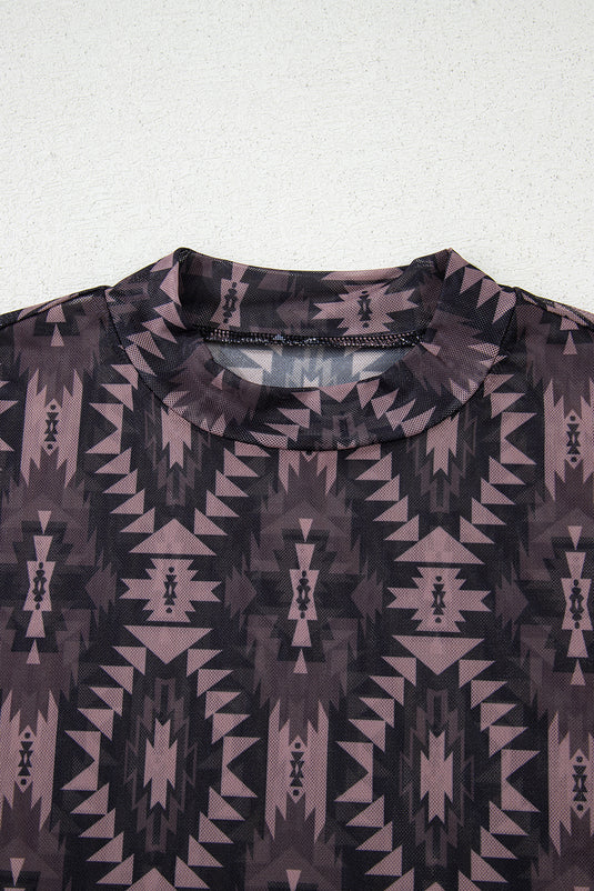 DLLS72 - Brown Aztec Print Mock Neck Short Sleeve Mesh T Shirt