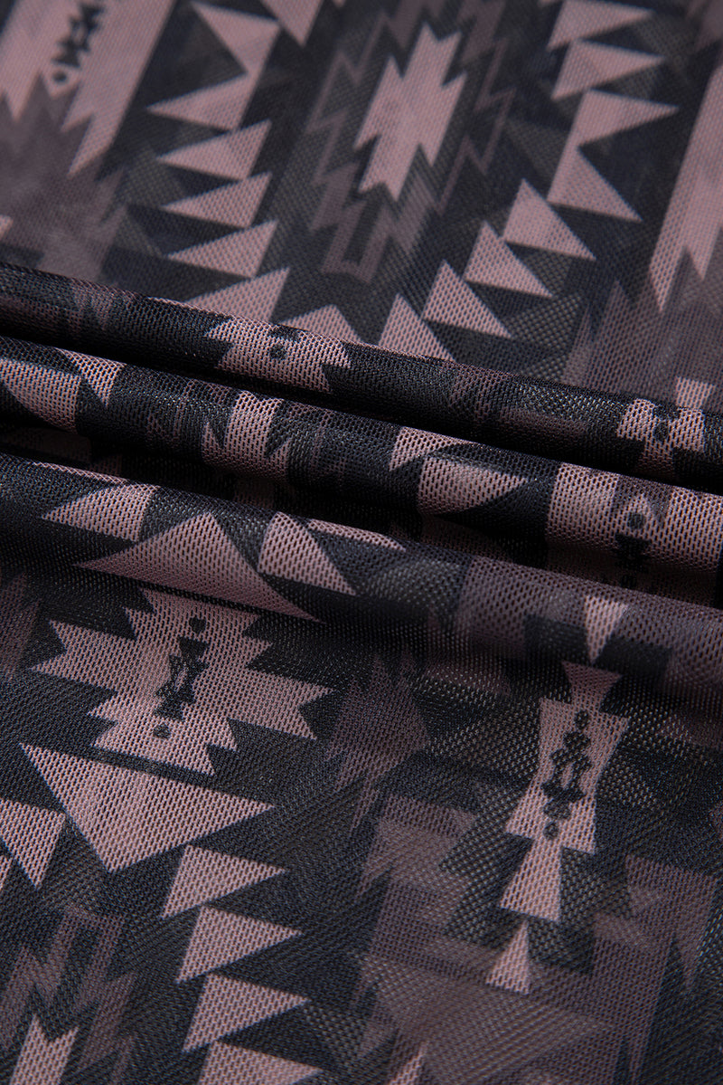 Load image into Gallery viewer, DLLS72 - Brown Aztec Print Mock Neck Short Sleeve Mesh T Shirt
