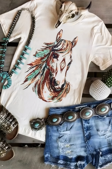 DLLS66 - White Western Aztec Horse Graphic Crewneck Tee