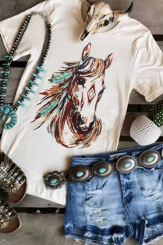 DLLS66 - White Western Aztec Horse Graphic Crewneck Tee