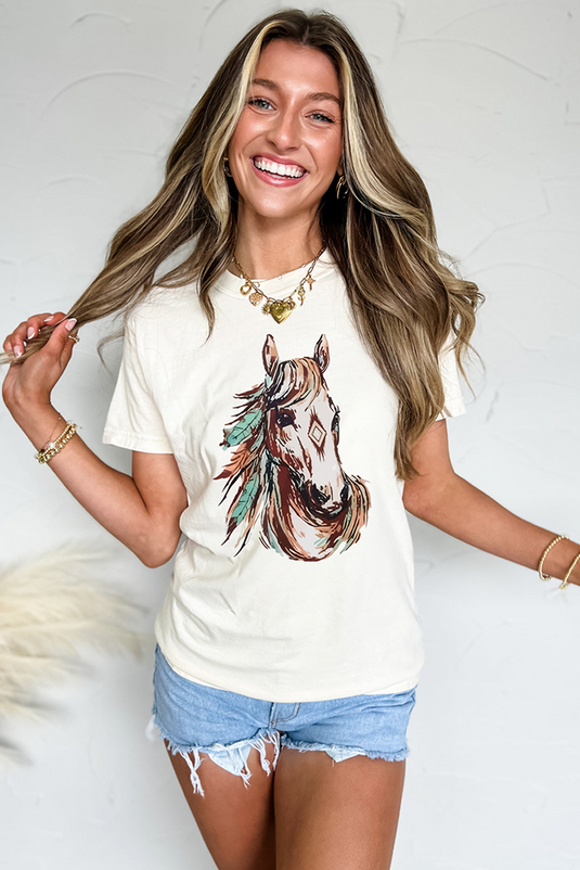 DLLS66 - White Western Aztec Horse Graphic Crewneck Tee