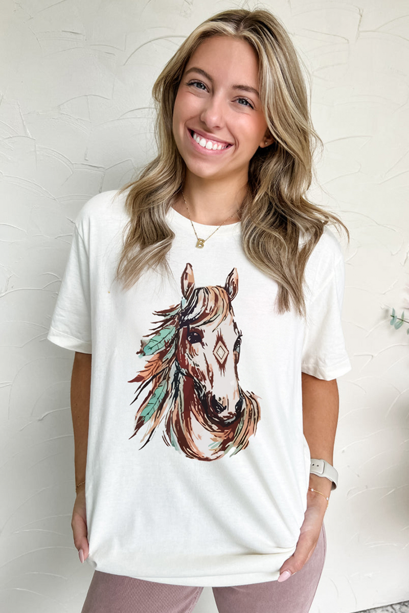 Load image into Gallery viewer, DLLS66 - White Western Aztec Horse Graphic Crewneck Tee
